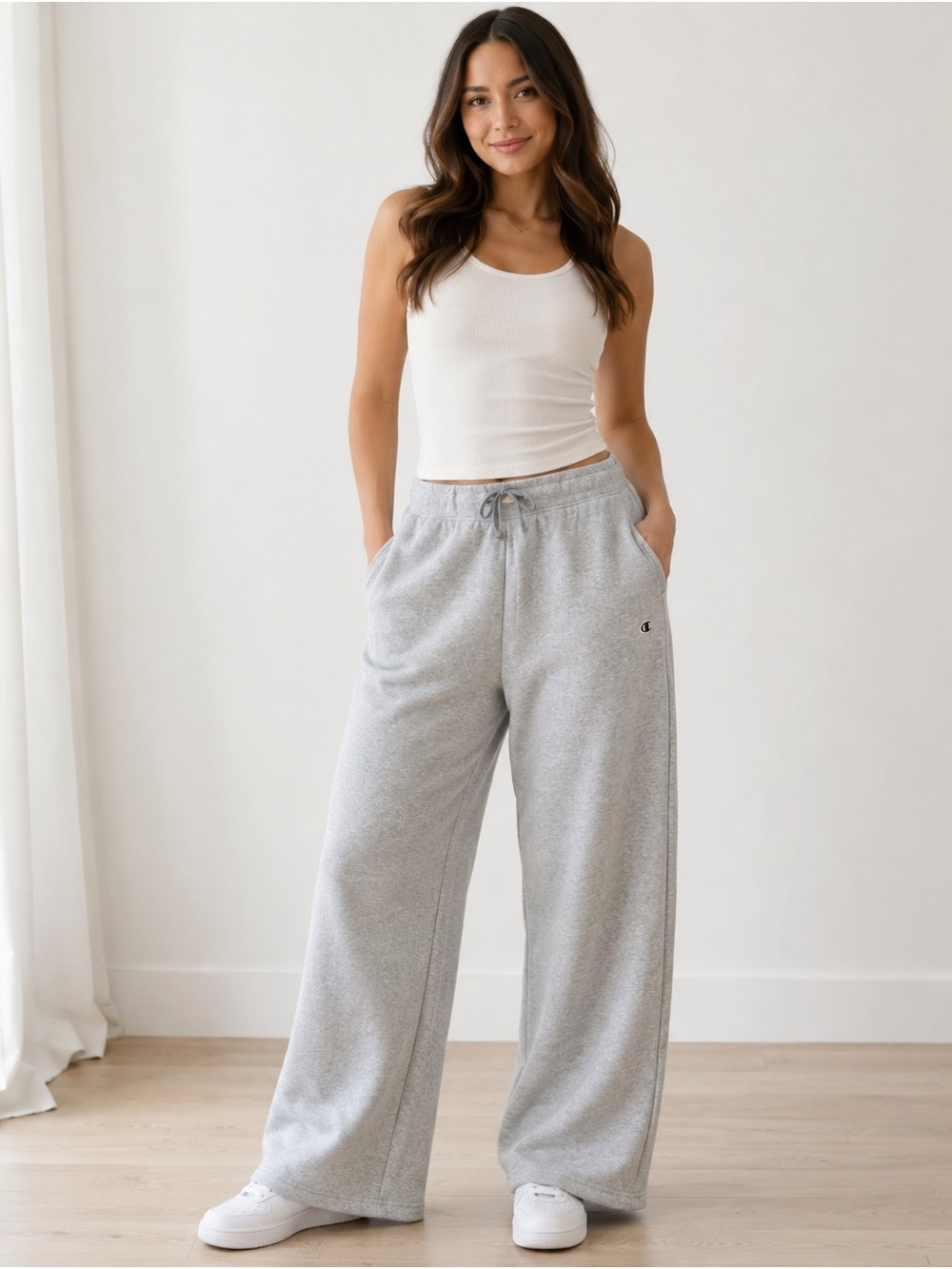 Champion Light Grey Ribbed-Waist Wide Leg Sweatpants